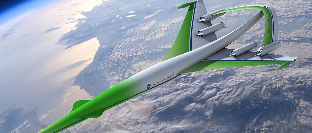 Future aircraft design concept for supersonic flight over land (NASA/Lockheed Martin Corporation, Public domain, via Wikimedia Commons)