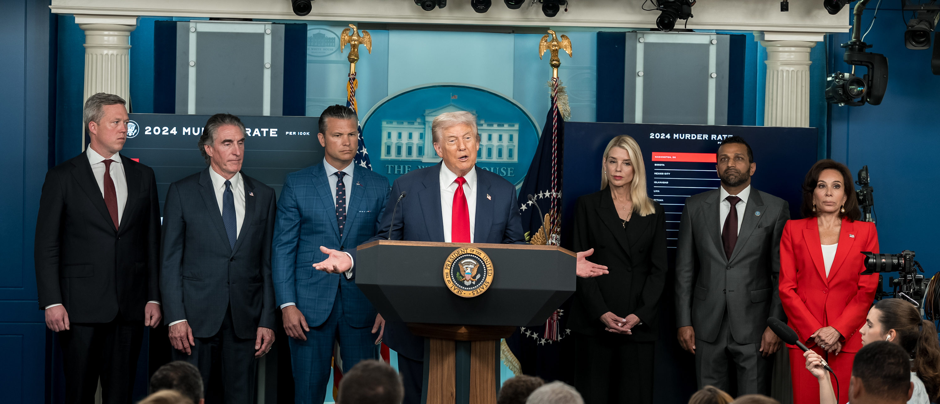 President Donald Trump holds a press conference on crime in the District of Columbia, Monday, August 11, 2025, in the James S. Brady Press Briefing Room. (Official White House Photo by Abe McNatt)