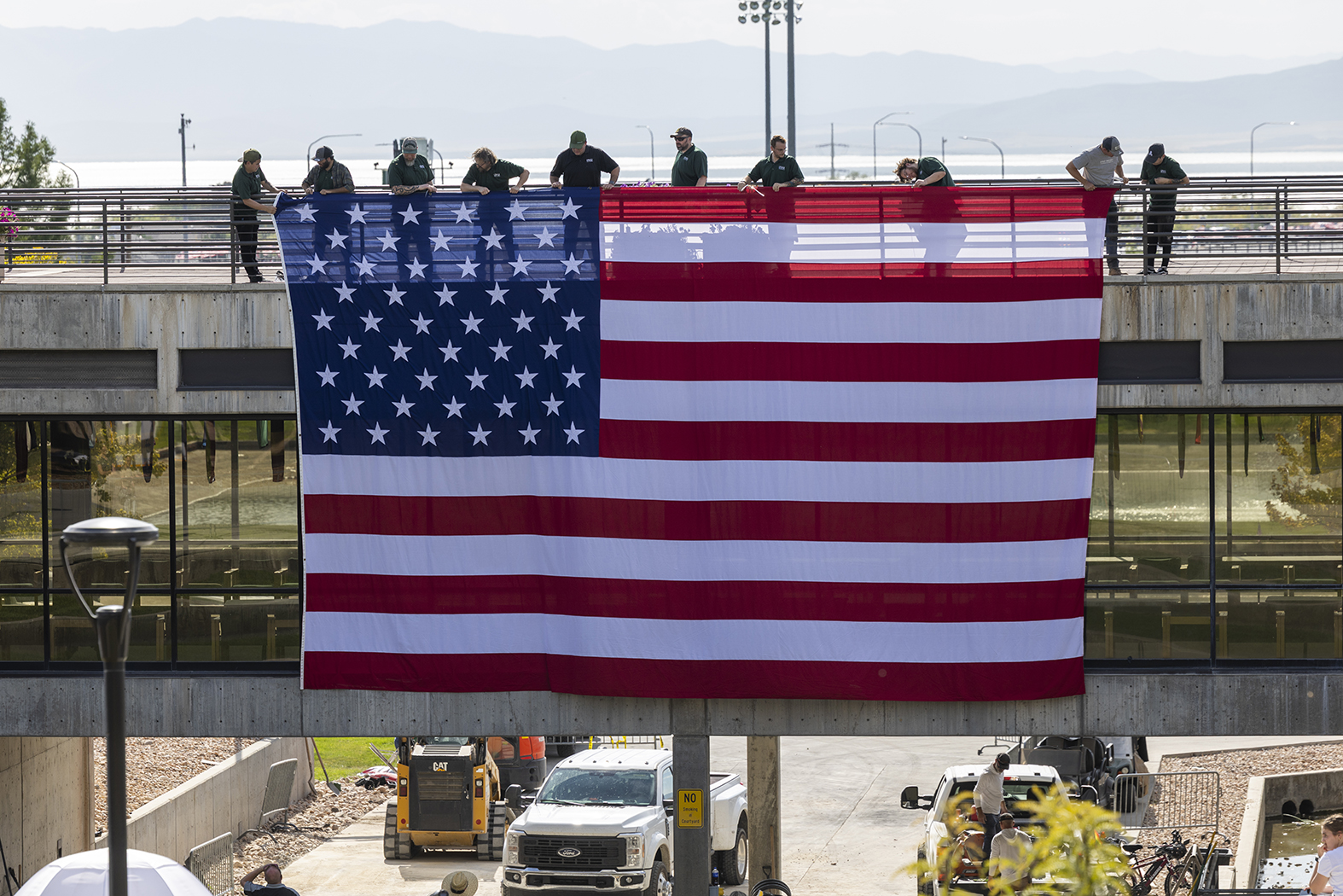 Giant American Flag installed in UVU courtyard where conservative leader Charlie Kirk was gunned down while speaking