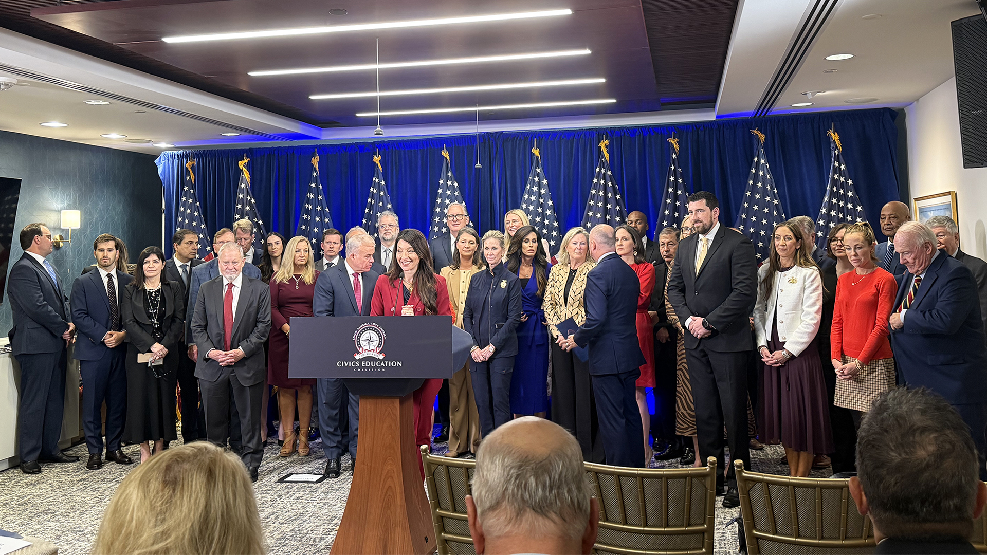 Erika Donalds, chair of America First Policy Institute's Center for Education Opportunity, appears at a press conference for the announcement of the America 250 Civics Education Coalition