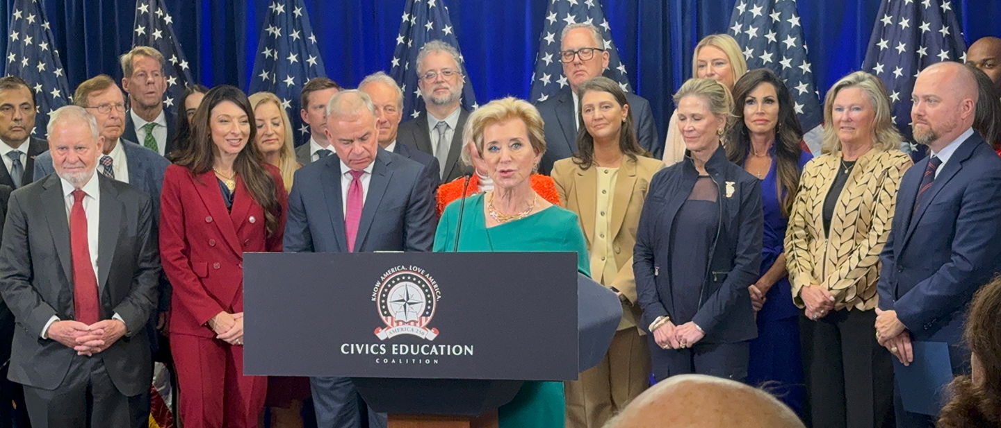 Secretary of Education Linda McMahon appears at a press conference for the announcement of the America 250 Civics Education Coalition