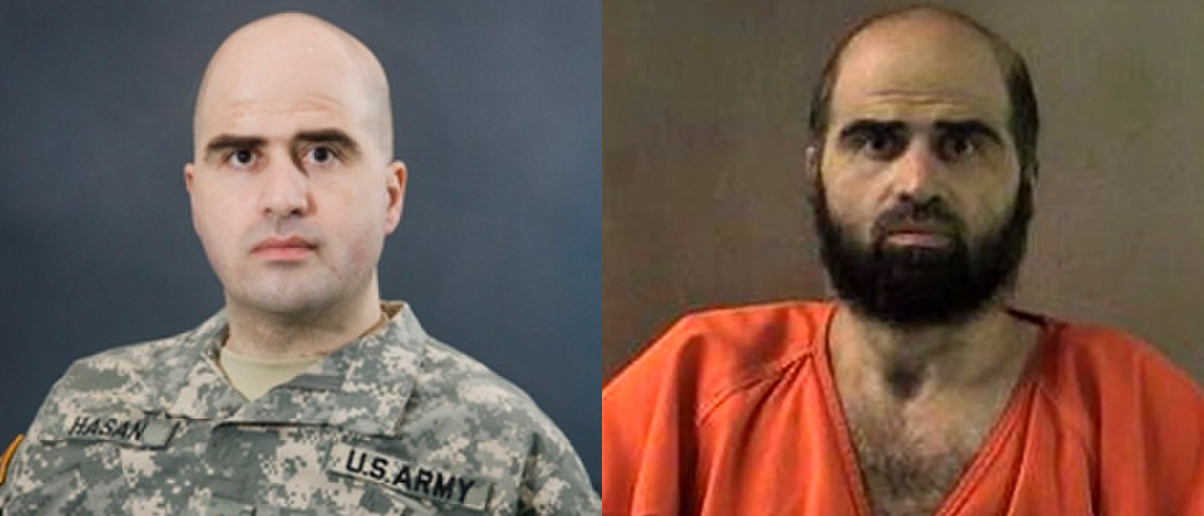 Composite image of Nidal Hasan — U.S. Army handout photo (left) and Bell County Sheriff’s Office booking photo (right)