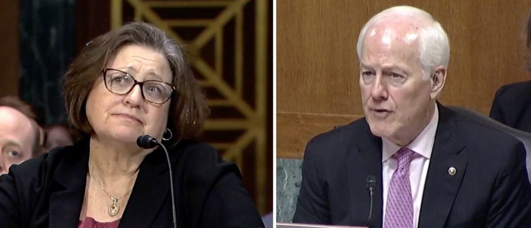Sen. John Cornyn, Mary Giovagnoli during senate hearing [Screenshot/U.S. Senate]