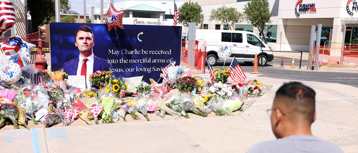 A memorial is displayed outside the headquarters of Turning Point USA, on the day follow his assassination, in Phoenix, Arizona.