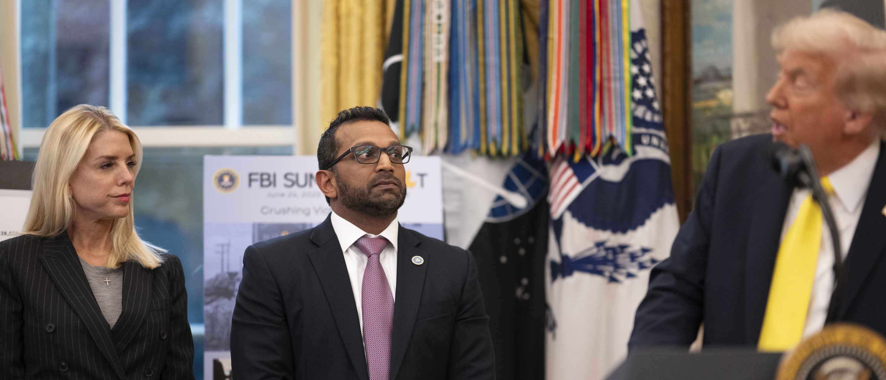 President Donald Trump participates in a press conference with FBI Director Kash Patel, Attorney General Pam Bondi, and Deputy Attorney General Todd Blanche, Wednesday, October 15, 2025, in the Oval Office. (Official White House Photo by Molly Riley)