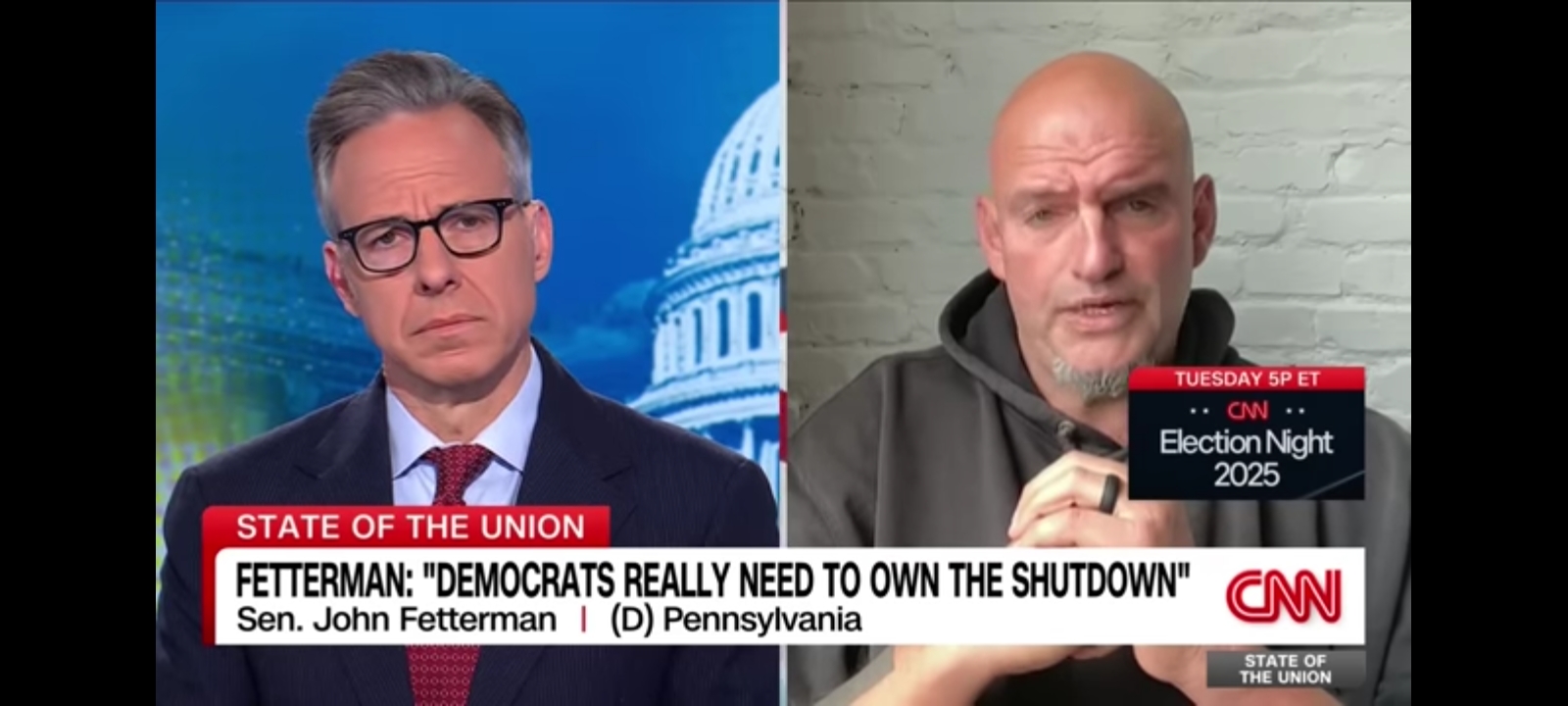 Democrat Pennsylvania Sen. John Fetterman on "State of the Union" with CNN's Jake Tapper. [Screenshot/Public/CNN]