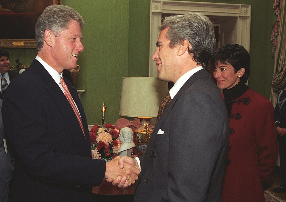 Former President Bill Clinton shaking hands with Jeffrey Epstein and Ghislaine Maxwell at the White House in 1993.