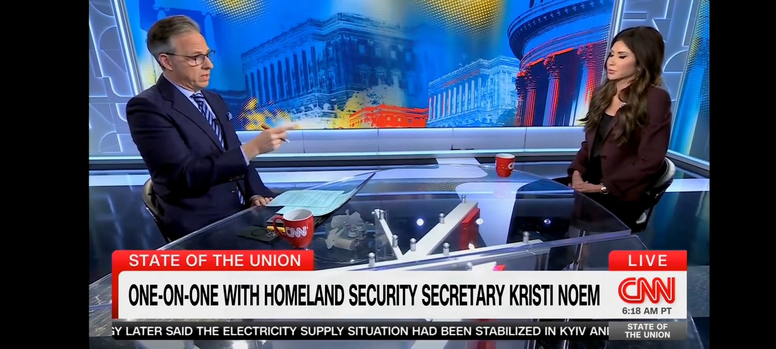 Jake Tapper and Kristi Noem [Screenshot/Rumble/CNN]