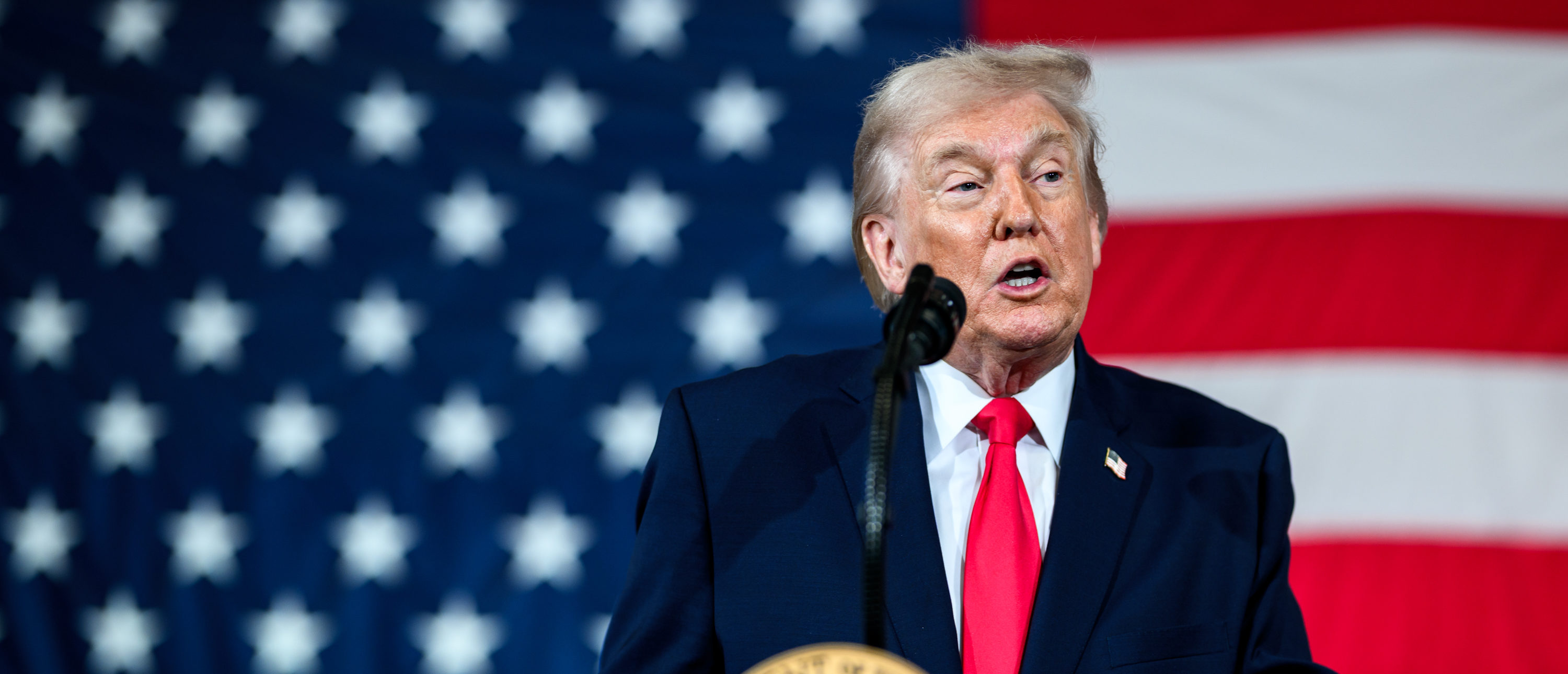 President Donald Trump delivers remarks to military families at Fort Bragg, North Carolina, Friday, February 13, 2026. (Official White House Photo by Daniel Torok)