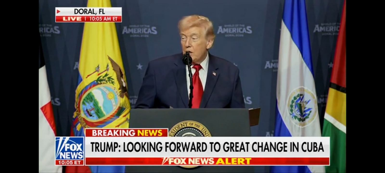 President Donald Trump declared in Saturday remarks to a dozen Latin American and Caribbean heads of state that Cuba's communist regime is "in its last moments of life." [Screenshot/Rumble/Fox News]
