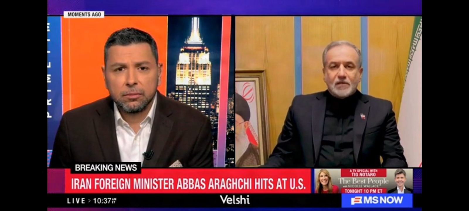 Ayman Mohyeldin and Abbas Araghchi [Screenshot/Rumble/MSNOW]