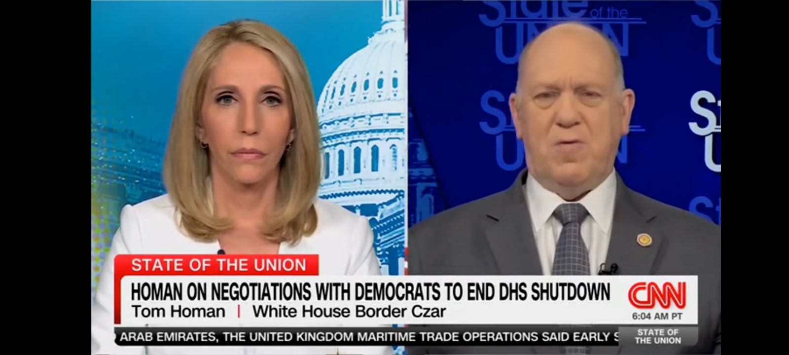 White House border czar Tom Homan told CNN on Sunday he thinks Democrats' apparent decision to prolong the partial government shutdown is not due to differences in immigration policy but instead "execution." [Screenshot/Rumble/CNN]