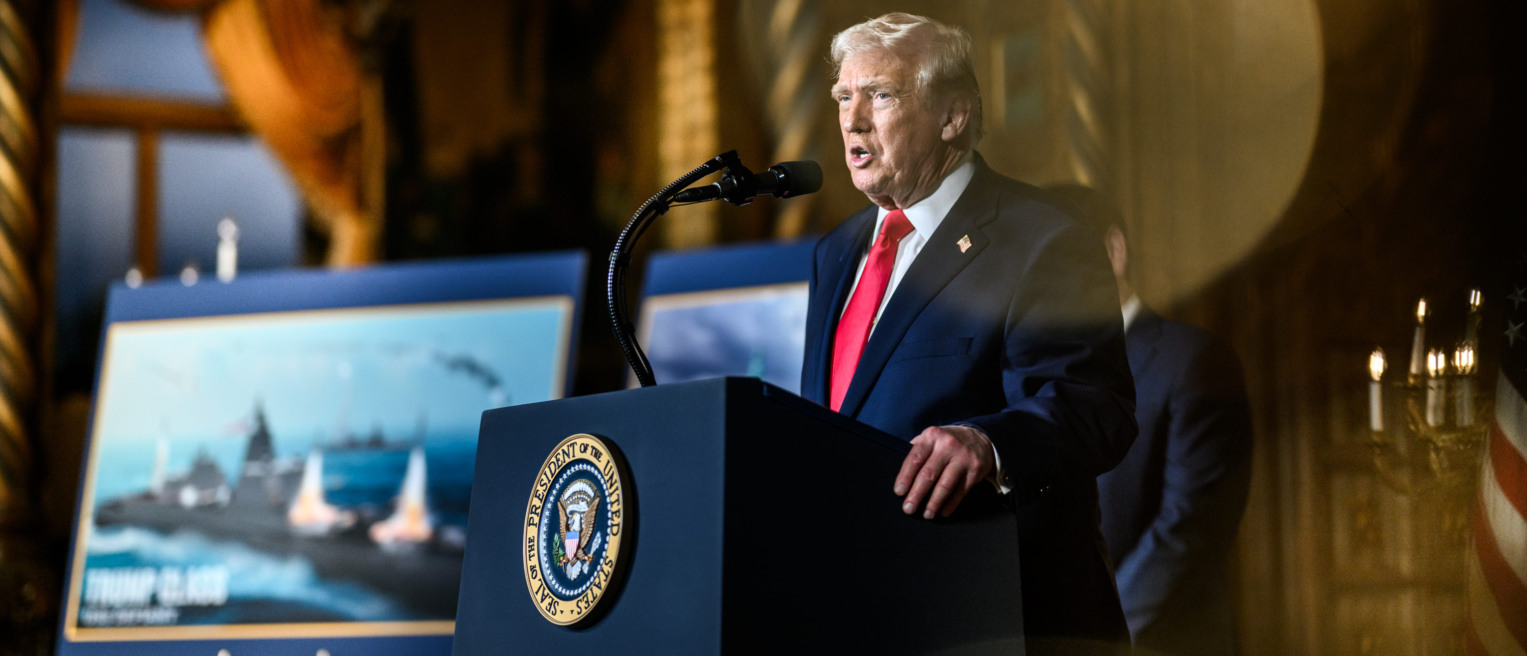 President Donald Trump, joined by Secretary of War Pete Hegseth, Secretary of State Marco Rubio, and Secretary of the Navy John Phelan, announces plans for a “Golden Fleet” of new U.S. Navy battleships, Monday, December 22, 2025, at the Mar-a-Lago Club in Palm Beach, Florida. (Official White House Photo by Daniel Torok)