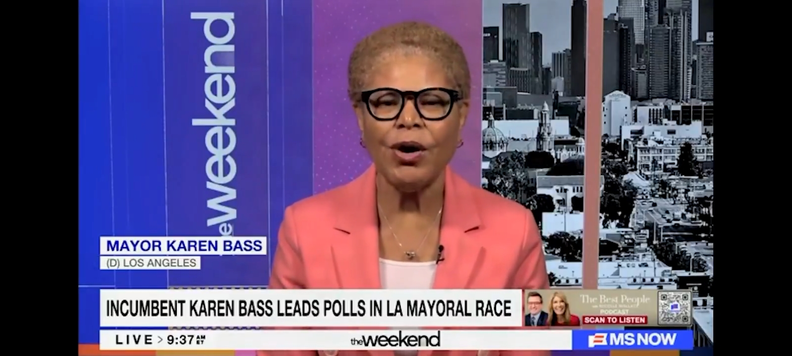 Democratic Los Angeles Mayor Karen Bass discusses her reelection bid during an appearance on MS NOW’s “The Weekend.” [Screenshot/MS NOW]