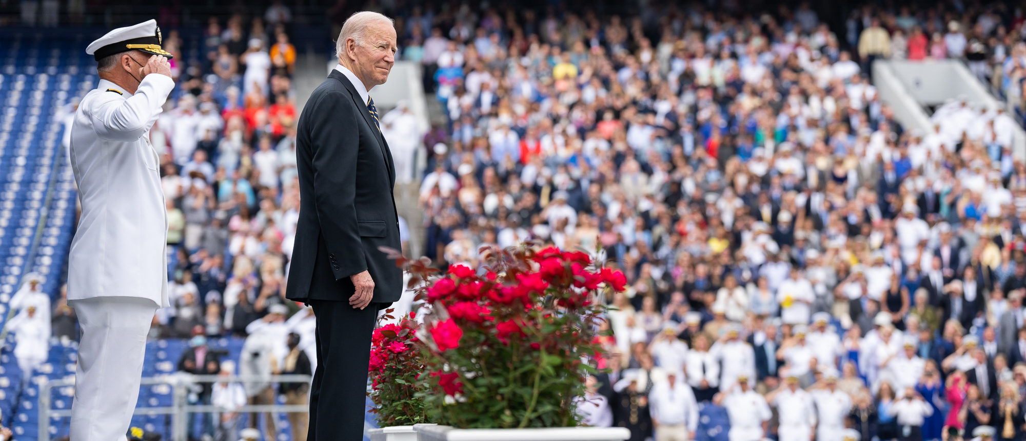 President Joe Biden attends the U.S. Naval Academy commencement ceremony, Friday, May 27, 2022, at the Navy-Marine Corps Memorial Stadium in Annapolis, Maryland. (Official White House Photo by Adam Schultz)
